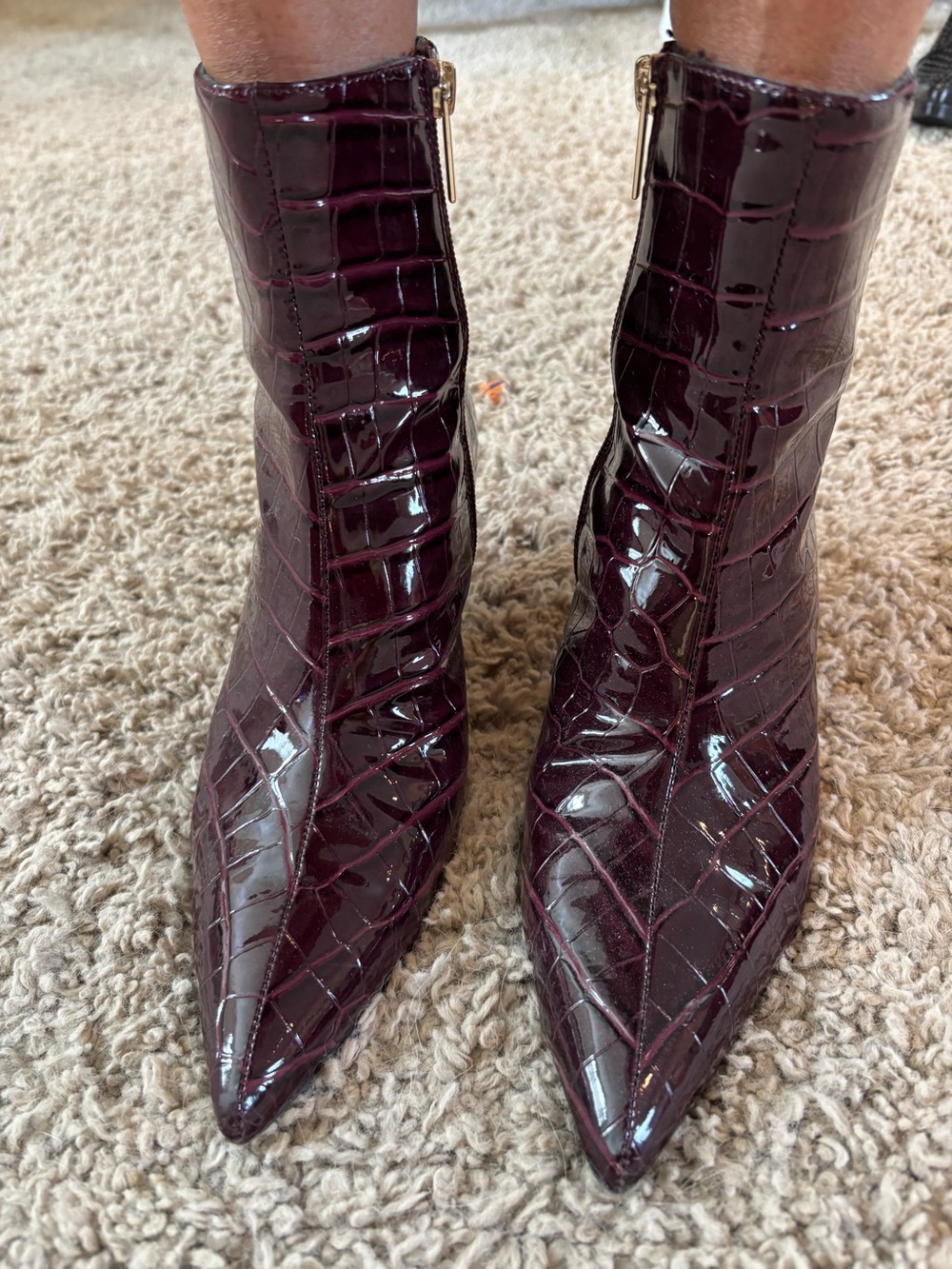 INC International Concepts Burgundy Croc-Embossed Pointed Ankle Boots